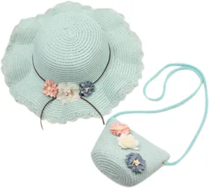 2-8 Years Kids Girls 50  UPF Sun Protection Wide Brim Hat Summer Flower Sunshade Hat Straw Beach Sun Hat   Straw Bag