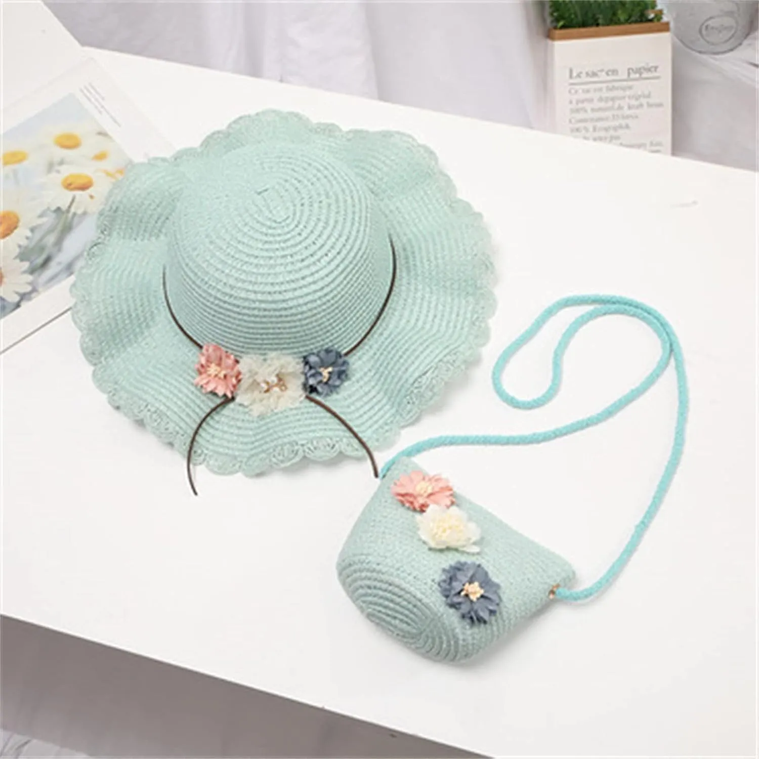 2-8 Years Kids Girls 50  UPF Sun Protection Wide Brim Hat Summer Flower Sunshade Hat Straw Beach Sun Hat   Straw Bag