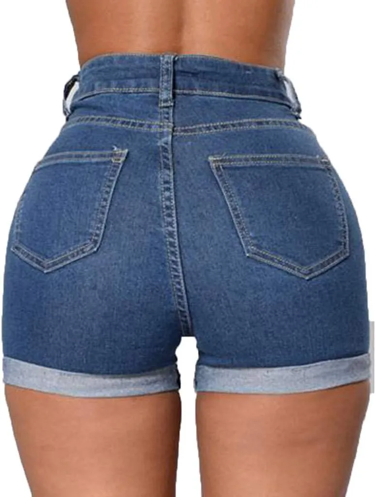 2025 Stretchy Denim Jean Shorts Women Casual Folded Hem Short Jeans Summer High Waisted Stretch Denim Shorts