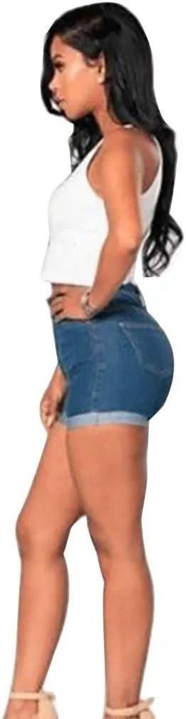 2025 Stretchy Denim Jean Shorts Women Casual Folded Hem Short Jeans Summer High Waisted Stretch Denim Shorts