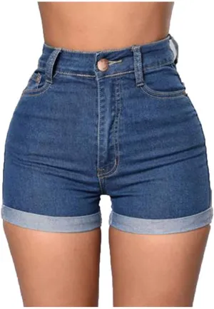 2025 Stretchy Denim Jean Shorts Women Casual Folded Hem Short Jeans Summer High Waisted Stretch Denim Shorts
