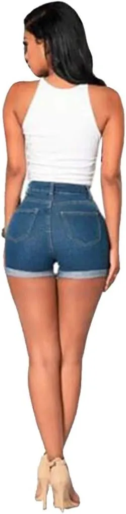 2025 Stretchy Denim Jean Shorts Women Casual Folded Hem Short Jeans Summer High Waisted Stretch Denim Shorts