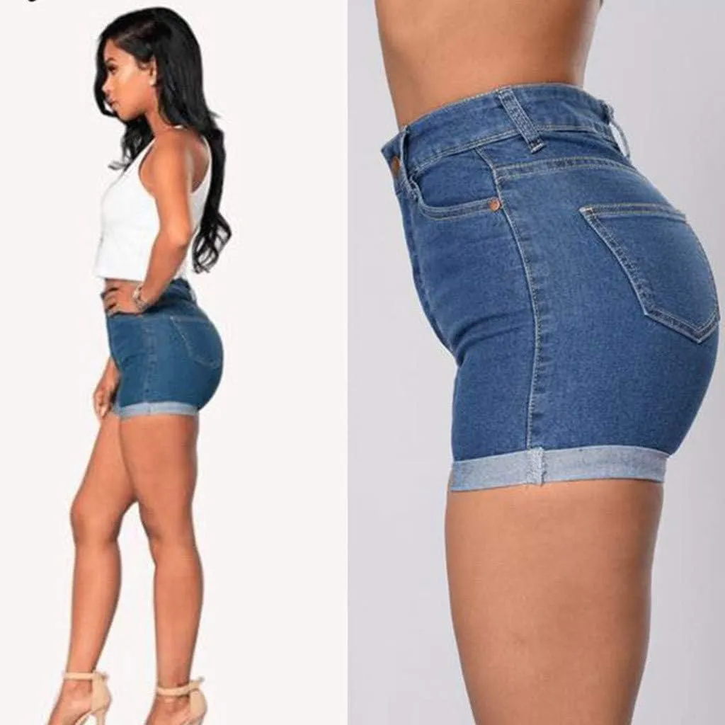 2025 Stretchy Denim Jean Shorts Women Casual Folded Hem Short Jeans Summer High Waisted Stretch Denim Shorts