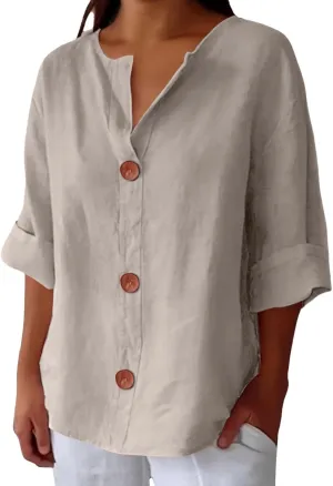 3/4 Sleeve Linen Shirts for Women Button V Neck Cotton Blouses Dressy Casual Solid Henley Shirts Loose Fit Summer Tops