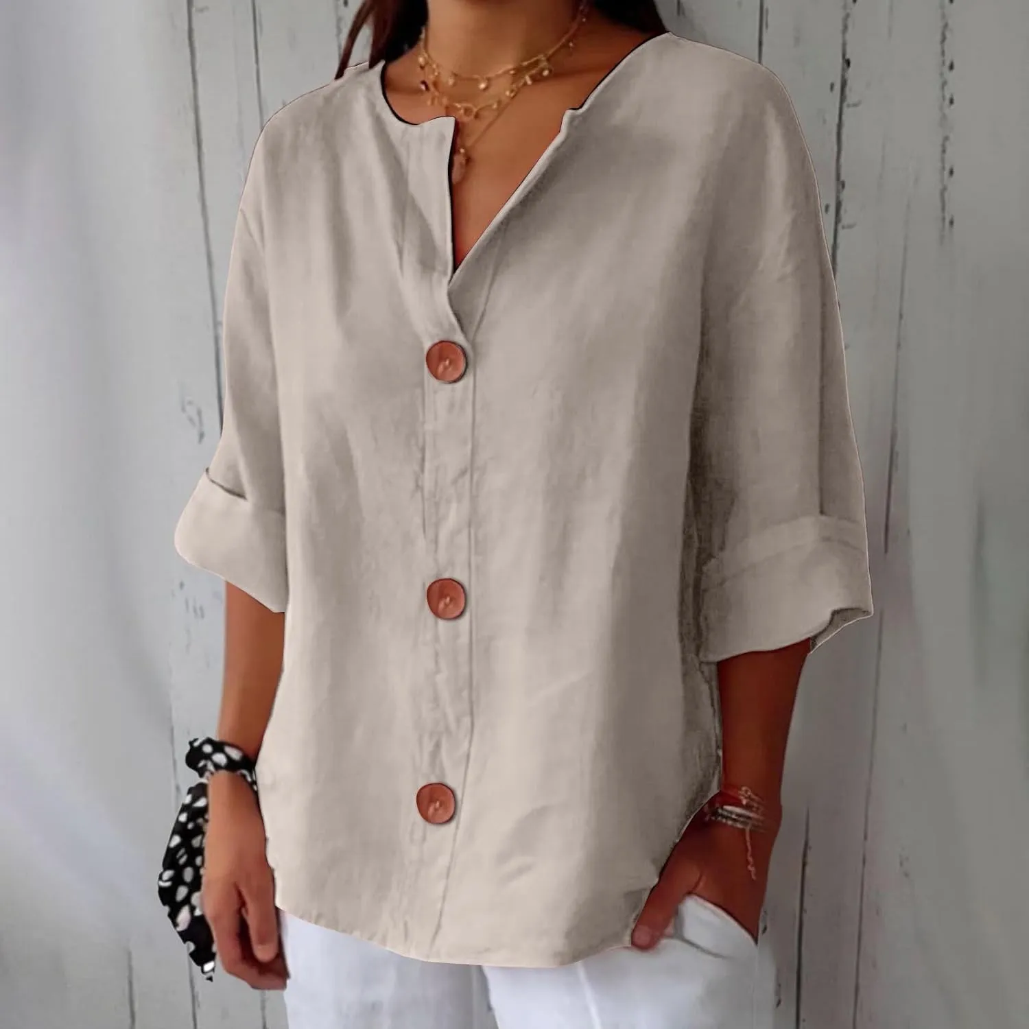 3/4 Sleeve Linen Shirts for Women Button V Neck Cotton Blouses Dressy Casual Solid Henley Shirts Loose Fit Summer Tops