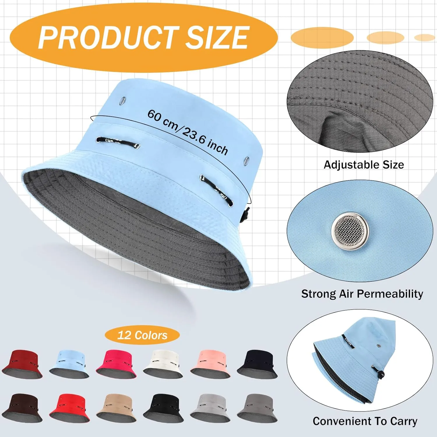 48 Pcs Bucket Hat Bulk for Women Men Fisherman Adjustable Summer Hat UV Protection for Outdoor Fishing Hiking Beach