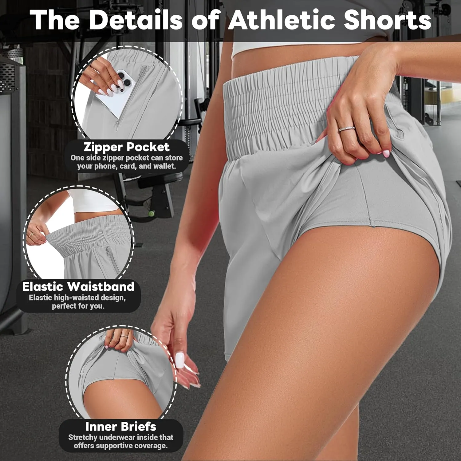 Ammiko Women's Athletic Shorts High Waist Elastic Running Shorts Zipper Pocket Quick Dry Casual Workout Shorts Liner