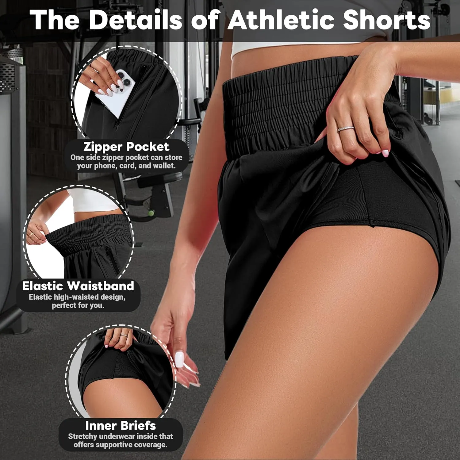 Ammiko Women's Athletic Shorts High Waist Elastic Running Shorts Zipper Pocket Quick Dry Casual Workout Shorts Liner