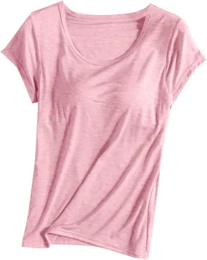 Basic Tees for Women Built in Bra Short Sleeve Crewneck Tops Workout Yoga T Shirts Summer Blouses 2025