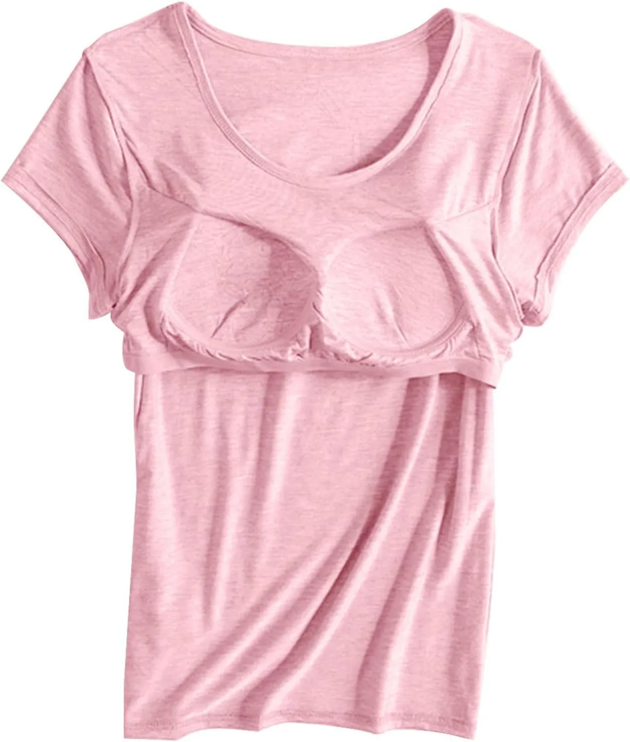 Basic Tees for Women Built in Bra Short Sleeve Crewneck Tops Workout Yoga T Shirts Summer Blouses 2025