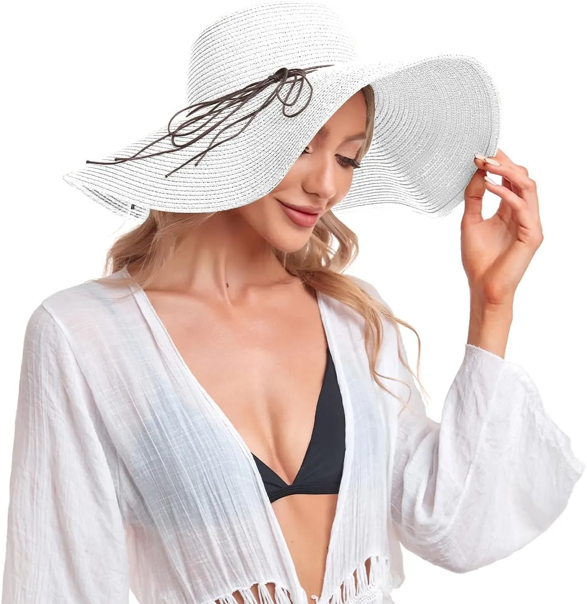 Beach Hats for Women, Straw Sun Hat Floppy Wide Brim, Foldable UPF 50  UV Protection Summer Hat