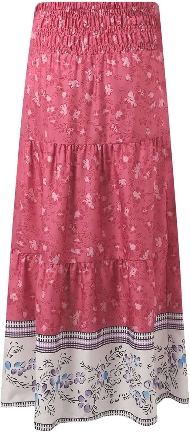 Beach Maxi Skirts for Women Summer Elastic High Waisted Flowy A-Line Ruffle Floral Boho Long Skirt