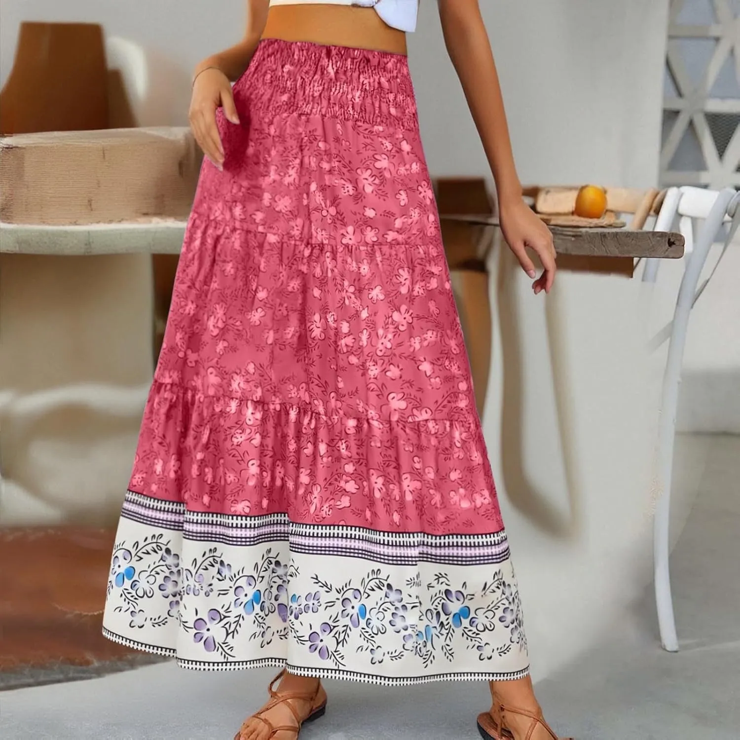 Beach Maxi Skirts for Women Summer Elastic High Waisted Flowy A-Line Ruffle Floral Boho Long Skirt