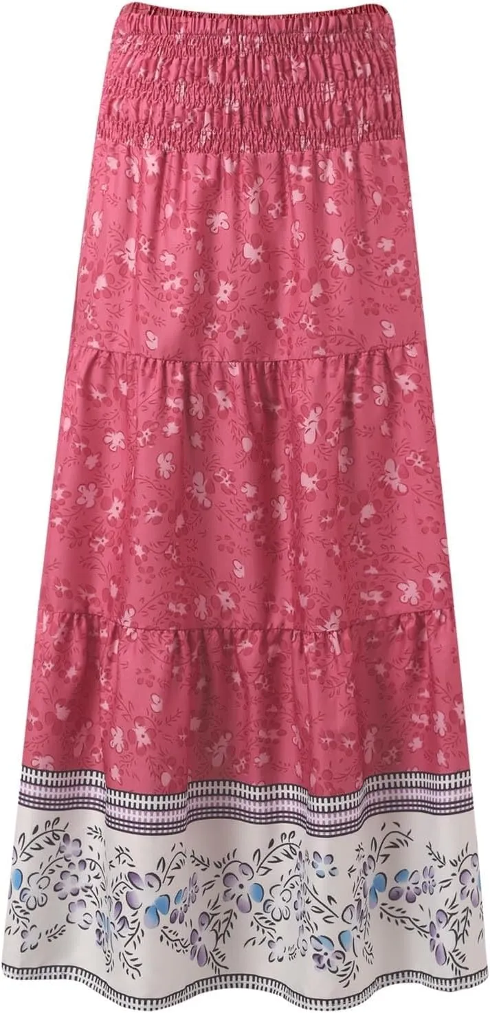 Beach Maxi Skirts for Women Summer Elastic High Waisted Flowy A-Line Ruffle Floral Boho Long Skirt