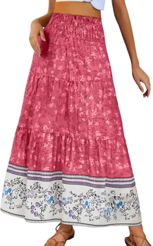 Beach Maxi Skirts for Women Summer Elastic High Waisted Flowy A-Line Ruffle Floral Boho Long Skirt
