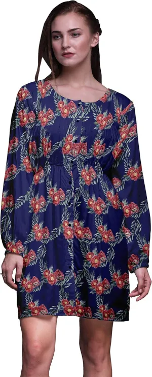 Bimba Blue Leaves & Peony Floral Button Down Midi Shift Dress Women Shirt Summer Causal Tunic-Small