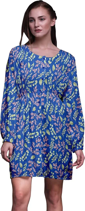 Bimba Blue Red Berries & Leaves Button Down Midi Shift Dress Women Shirt Summer Causal Tunic-X-Small