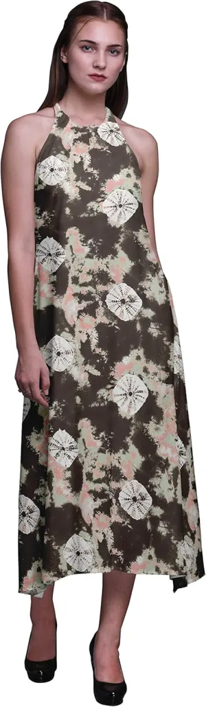 Bimba Brown Bandhani Tie-Dye Button Down Midi Shift Dress Women Shirt Summer Causal Tunic-Medium