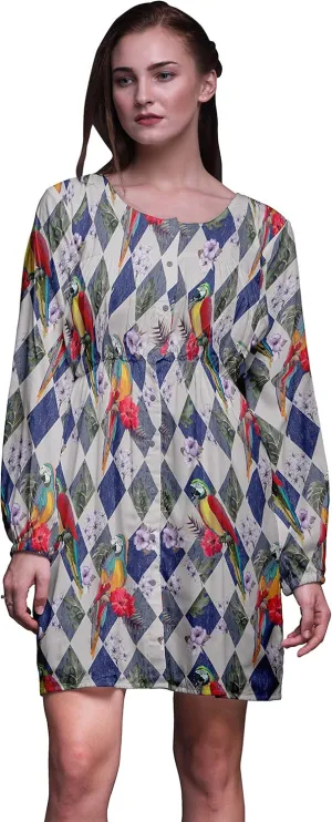 Bimba Gray Floral Tropical Bird Button Down Midi Shift Dress Women Shirt Summer Causal Tunic-X-Small