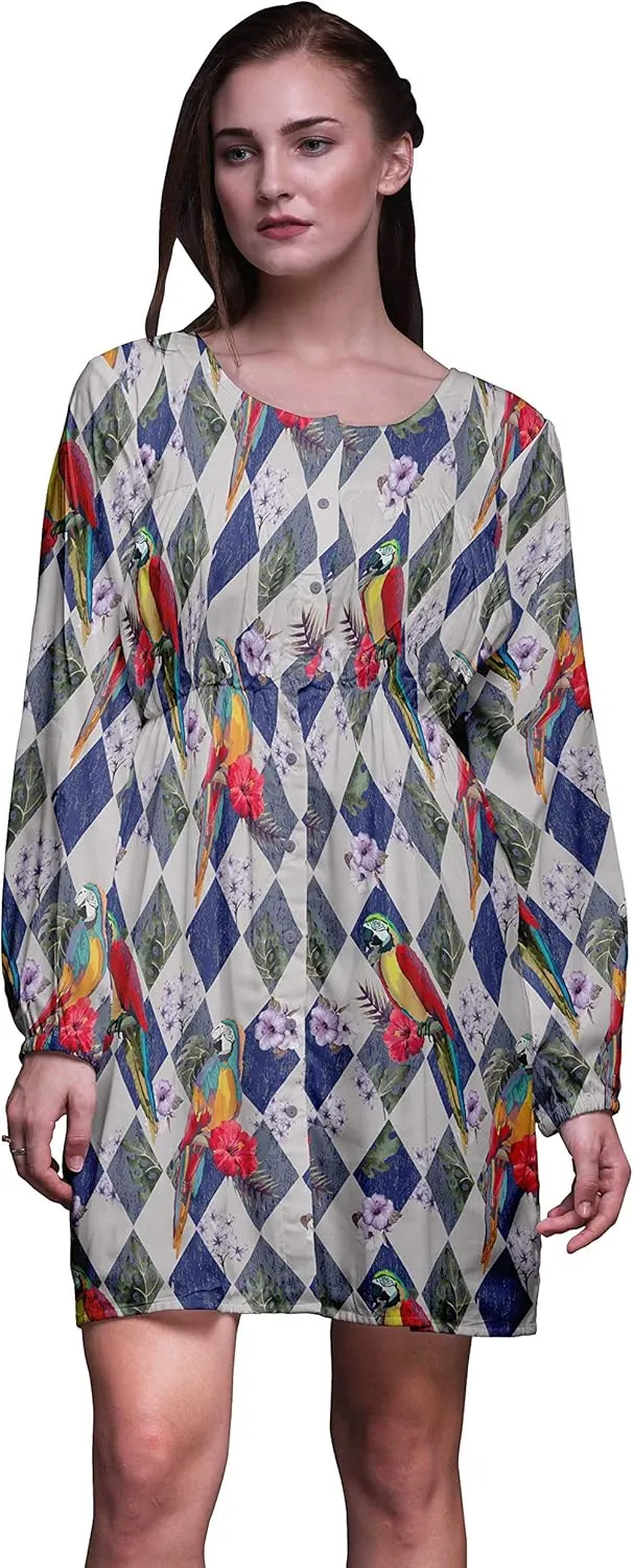Bimba Gray Floral Tropical Bird Button Down Midi Shift Dress Women Shirt Summer Causal Tunic-X-Small