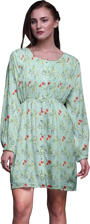 Bimba Green Flower & Leaves Watercolor Button Down Midi Shift Dress Women Shirt Summer Causal Tunic-Medium
