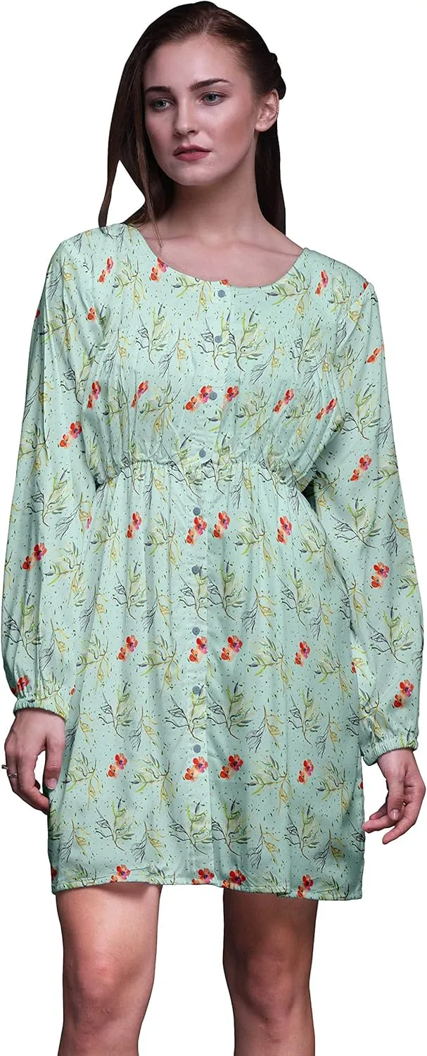Bimba Green Flower & Leaves Watercolor Button Down Midi Shift Dress Women Shirt Summer Causal Tunic-Medium