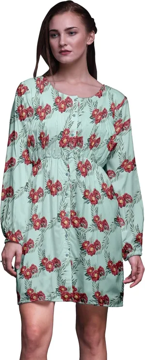 Bimba Green Leaves & Peony Floral Button Down Midi Shift Dress Women Shirt Summer Causal Tunic-X-Large