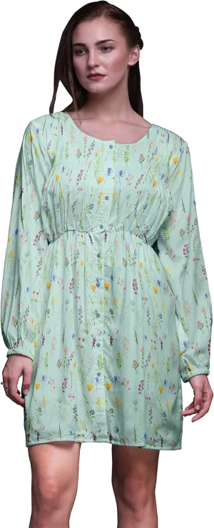 Bimba Green Ranunculus & Sweetpea Leaves Button Down Midi Shift Dress Women Shirt Summer Causal Tunic-XX-Large