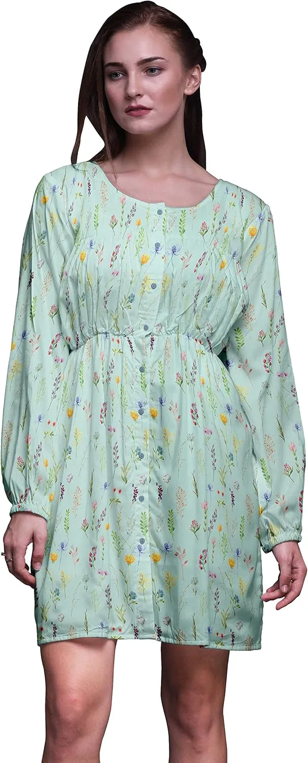 Bimba Green Ranunculus & Sweetpea Leaves Button Down Midi Shift Dress Women Shirt Summer Causal Tunic-XX-Large