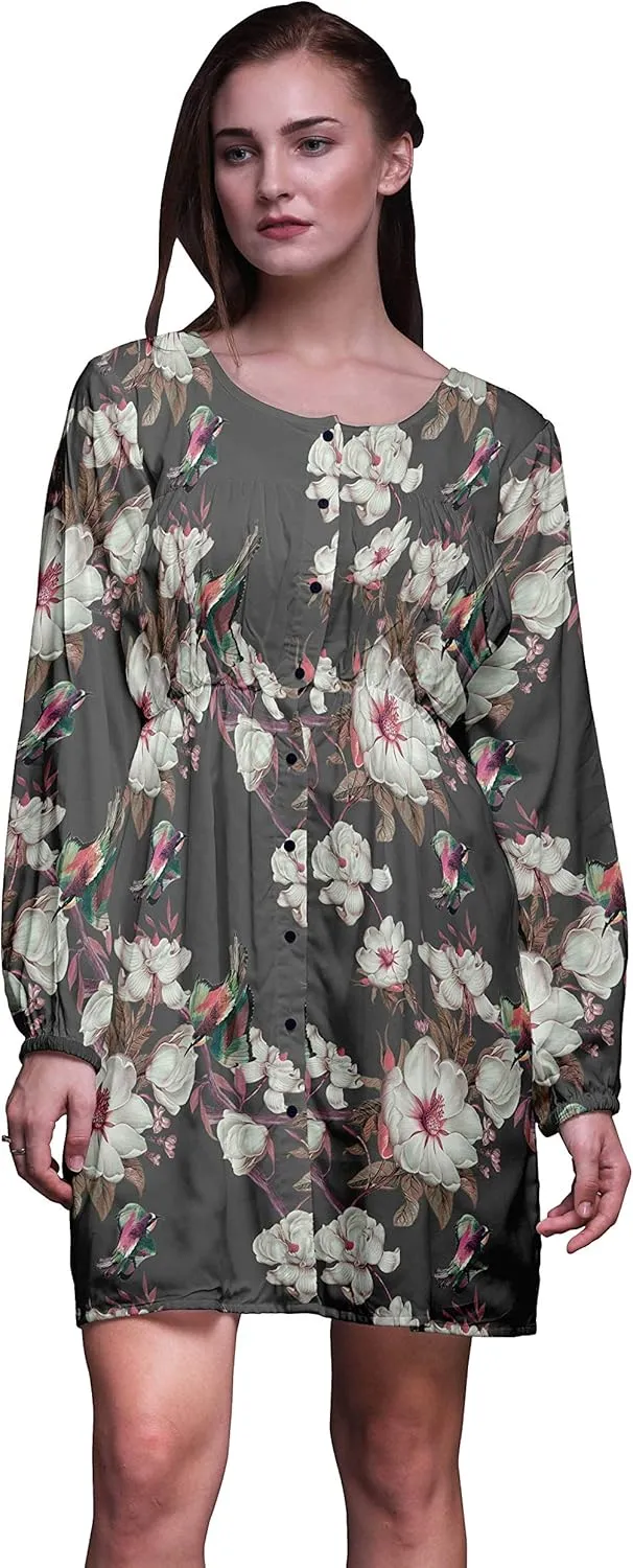 Bimba Grey Floral & Kingfisher Bird Button Down Midi Shift Dress Women Shirt Summer Causal Tunic-Small