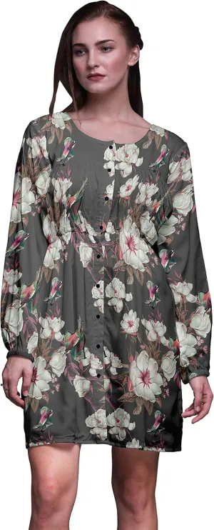 Bimba Grey Floral & Kingfisher Bird Button Down Midi Shift Dress Women Shirt Summer Causal Tunic-Small