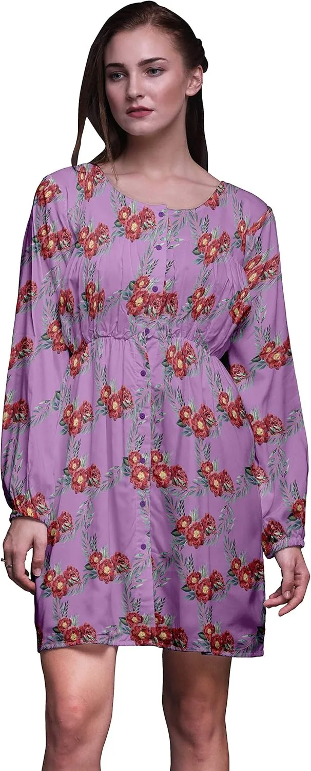 Bimba Purple Leaves & Peony Floral Button Down Midi Shift Dress Women Shirt Summer Causal Tunic-X-Small