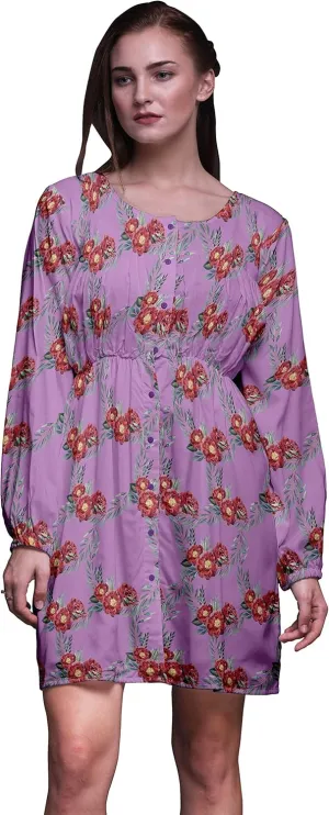 Bimba Purple Leaves & Peony Floral Button Down Midi Shift Dress Women Shirt Summer Causal Tunic-X-Small