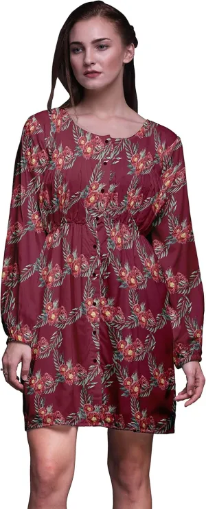 Bimba Red Leaves & Peony Floral Button Down Midi Shift Dress Women Shirt Summer Causal Tunic-Small