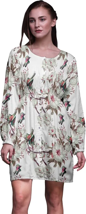 Bimba White Floral & Kingfisher Bird Button Down Midi Shift Dress Women Shirt Summer Causal Tunic-XX-Large