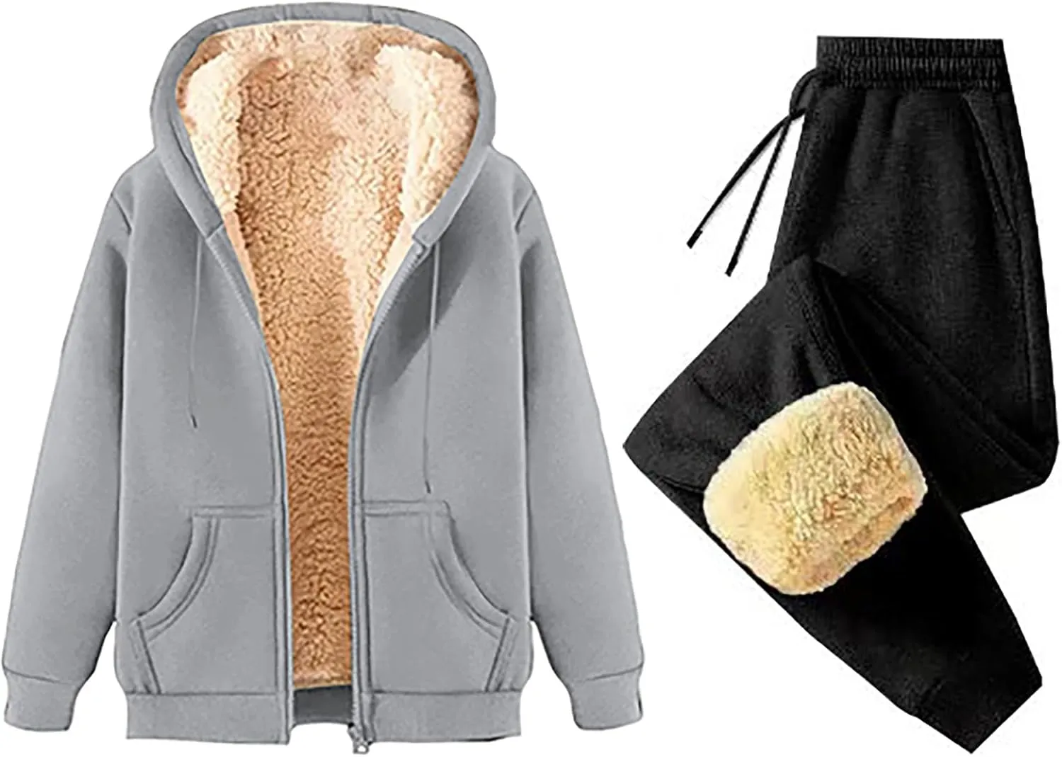 Binmer Mens 2 Piece Sweatsuit Set Sherpa Lined Fleece Jogger Outfit Hoodie & Sweatpants Set Warm Winter Tracksuit Unisex