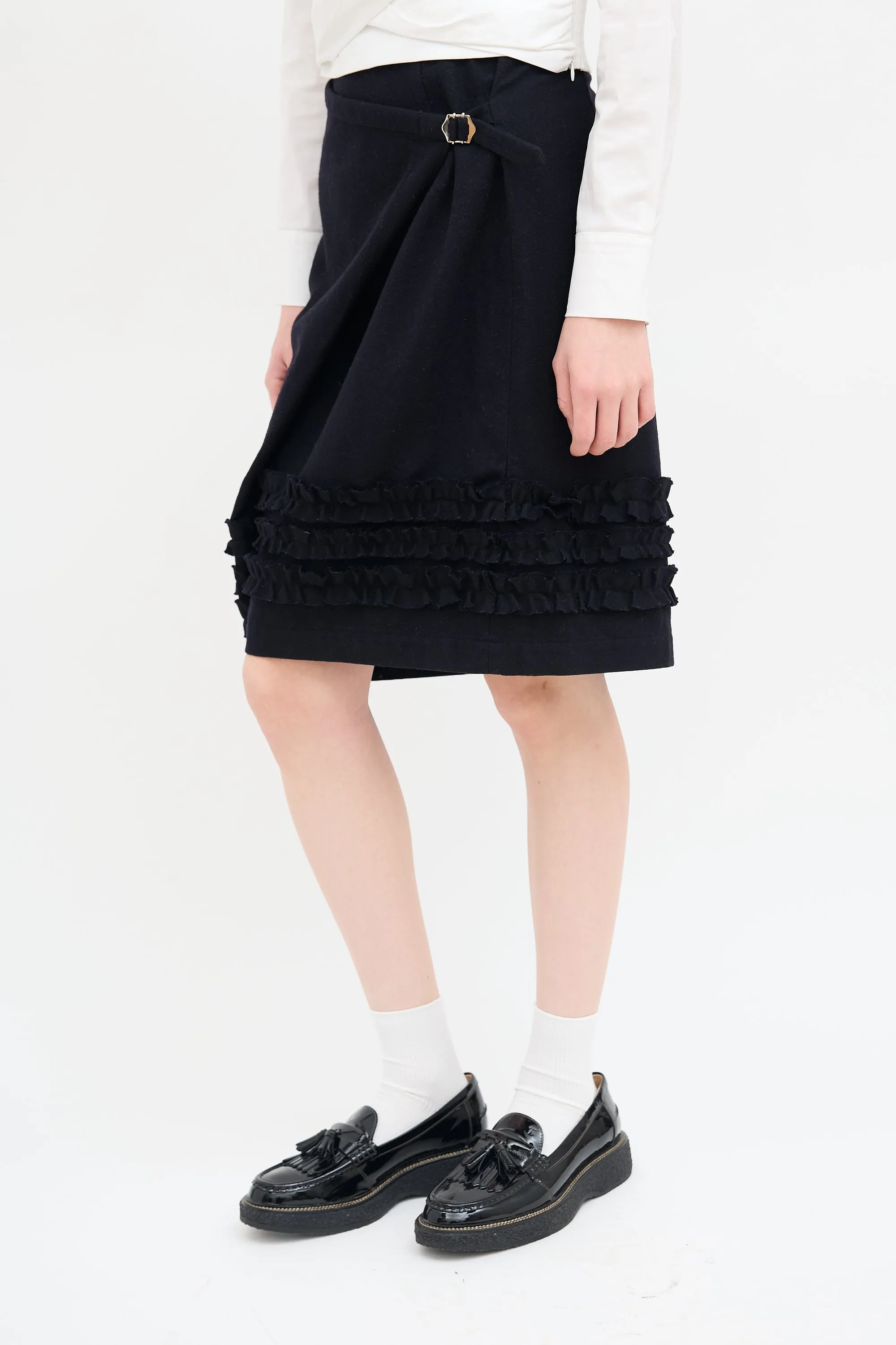 Black Wool Wrap Ruffle Skirt
