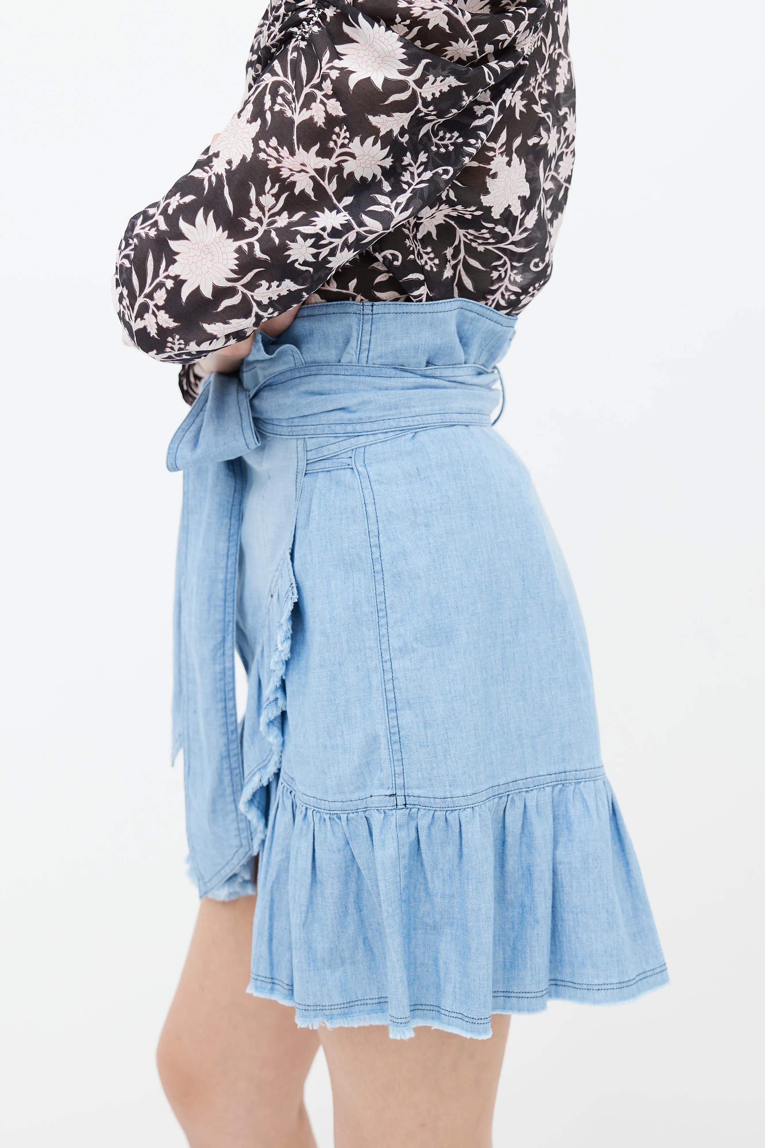 Blue Wrap Asymmetric Ruffle Mini Skirt
