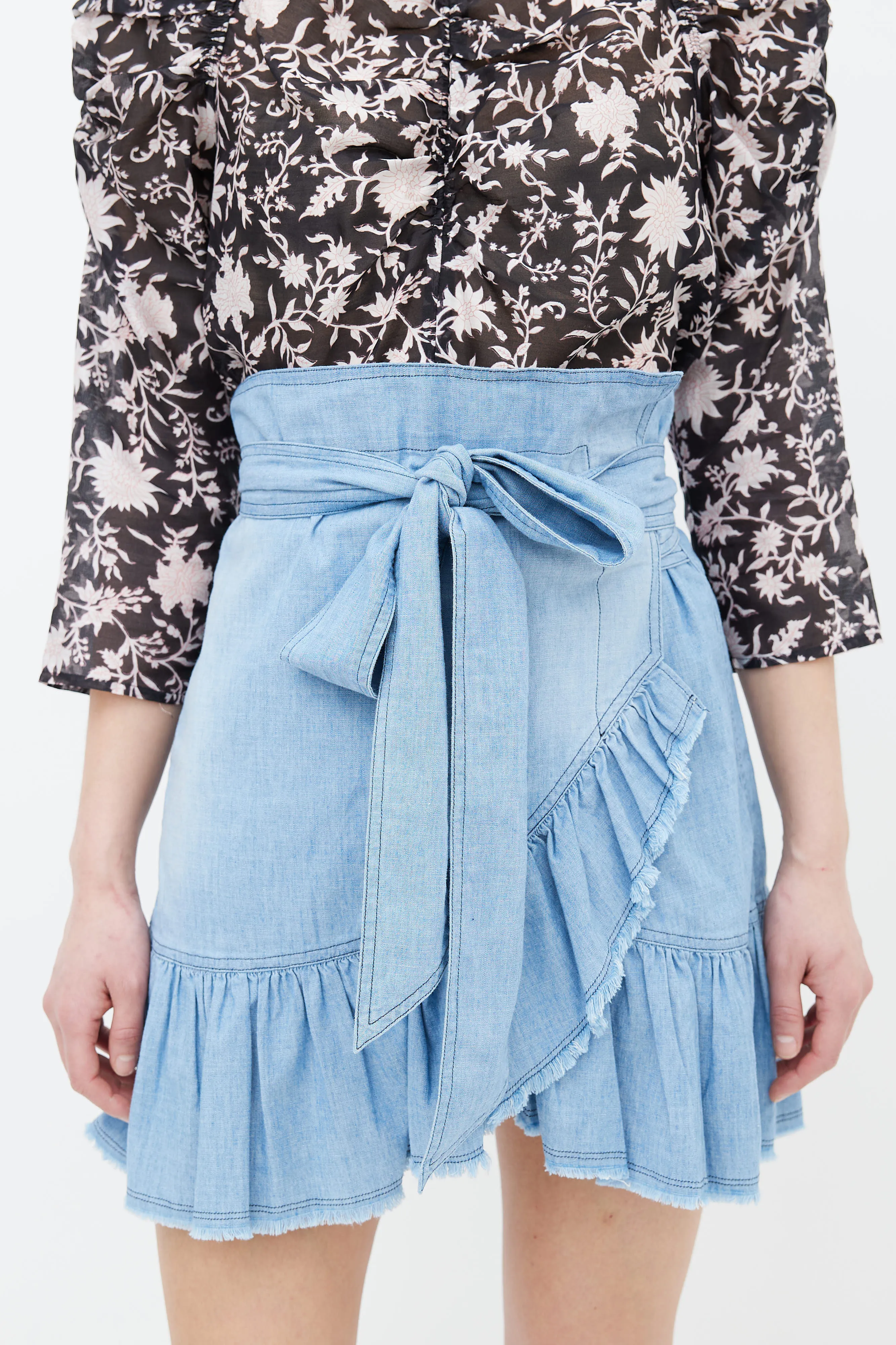 Blue Wrap Asymmetric Ruffle Mini Skirt