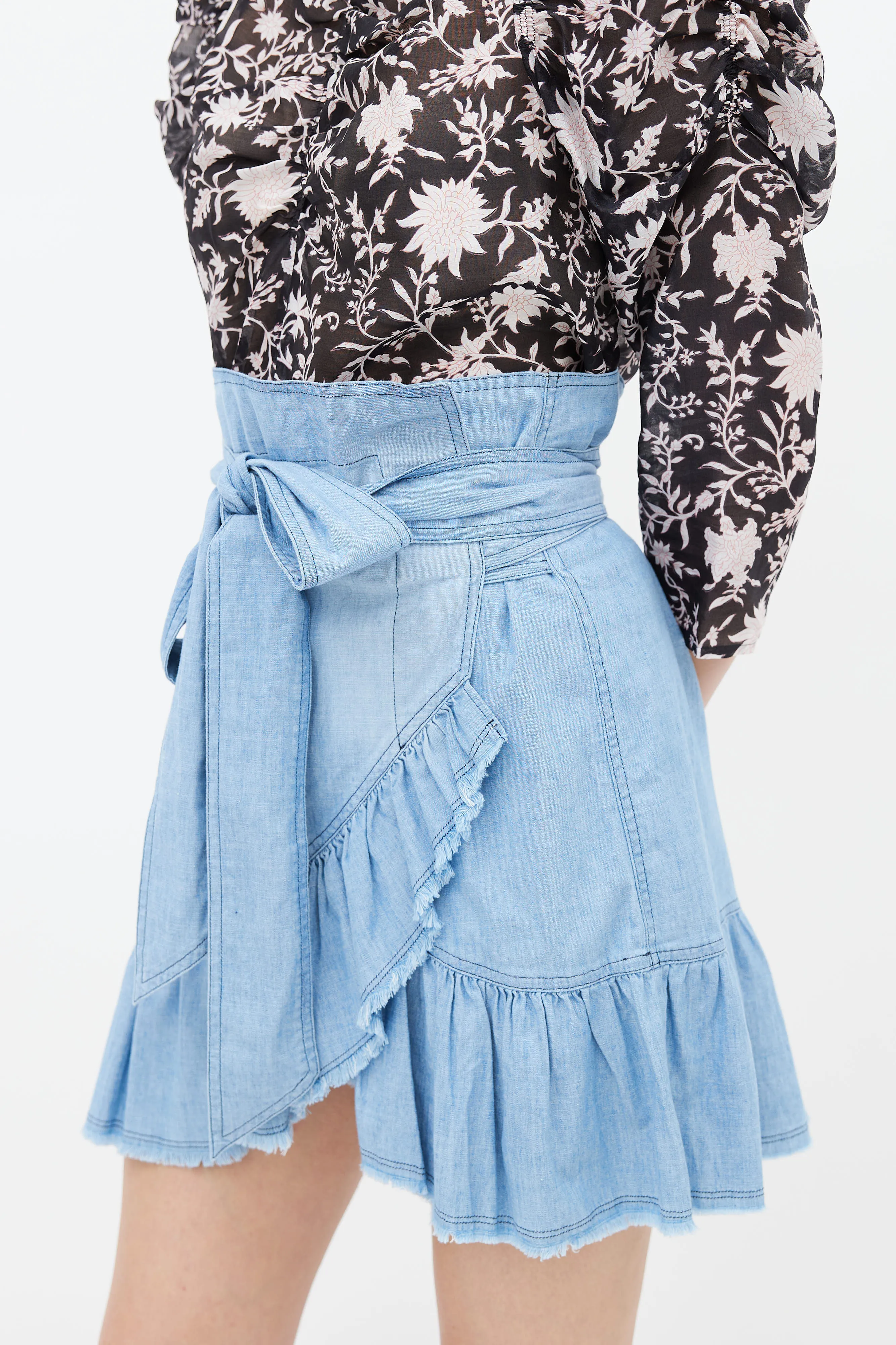 Blue Wrap Asymmetric Ruffle Mini Skirt