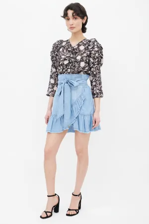 Blue Wrap Asymmetric Ruffle Mini Skirt