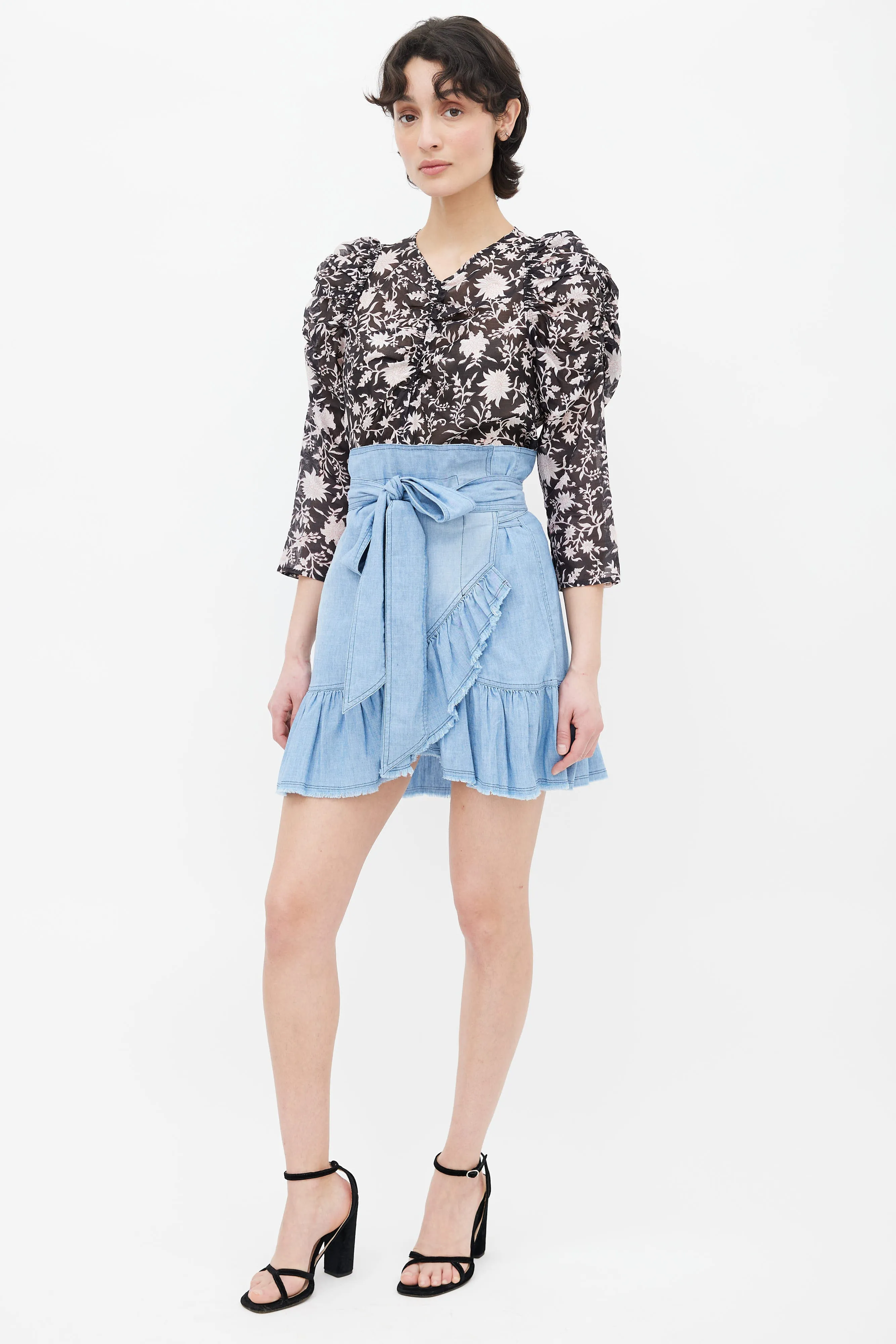 Blue Wrap Asymmetric Ruffle Mini Skirt