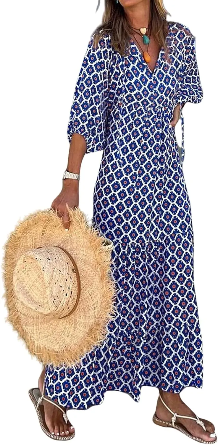 Boho Dresses for Women 2025 V Neck Maxi Dresses Puff 3/4 Sleeve Floral Dress Smocked Ruffle Flowy Casual Dress