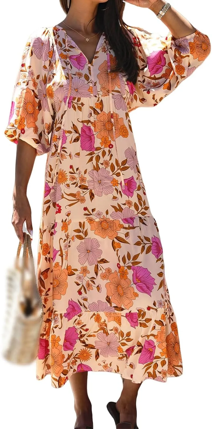 Boho Dresses for Women 2025 V Neck Maxi Dresses Puff 3/4 Sleeve Floral Dress Smocked Ruffle Flowy Casual Dress