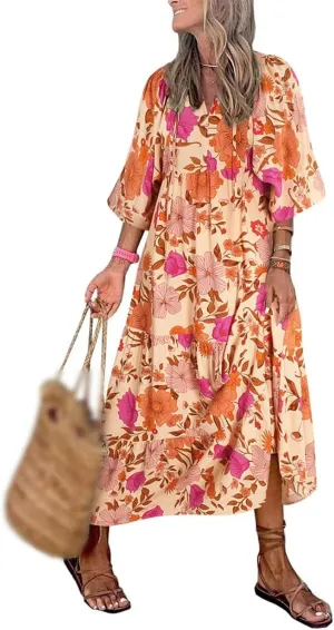 Boho Dresses for Women 2025 V Neck Maxi Dresses Puff 3/4 Sleeve Floral Dress Smocked Ruffle Flowy Casual Dress