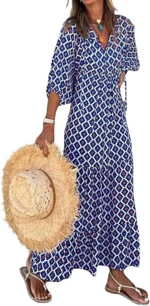 Boho Dresses for Women 2025 V Neck Maxi Dresses Puff 3/4 Sleeve Floral Dress Smocked Ruffle Flowy Casual Dress