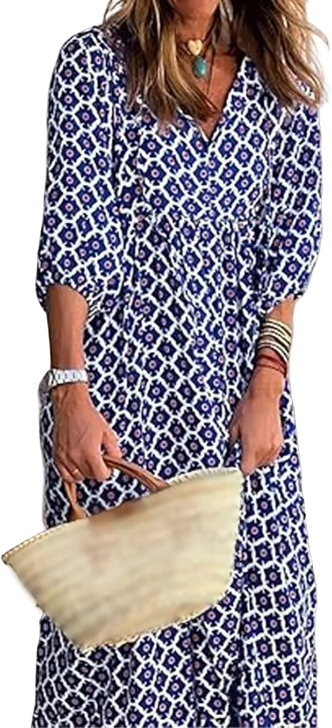 Boho Dresses for Women 2025 V Neck Maxi Dresses Puff 3/4 Sleeve Floral Dress Smocked Ruffle Flowy Casual Dress