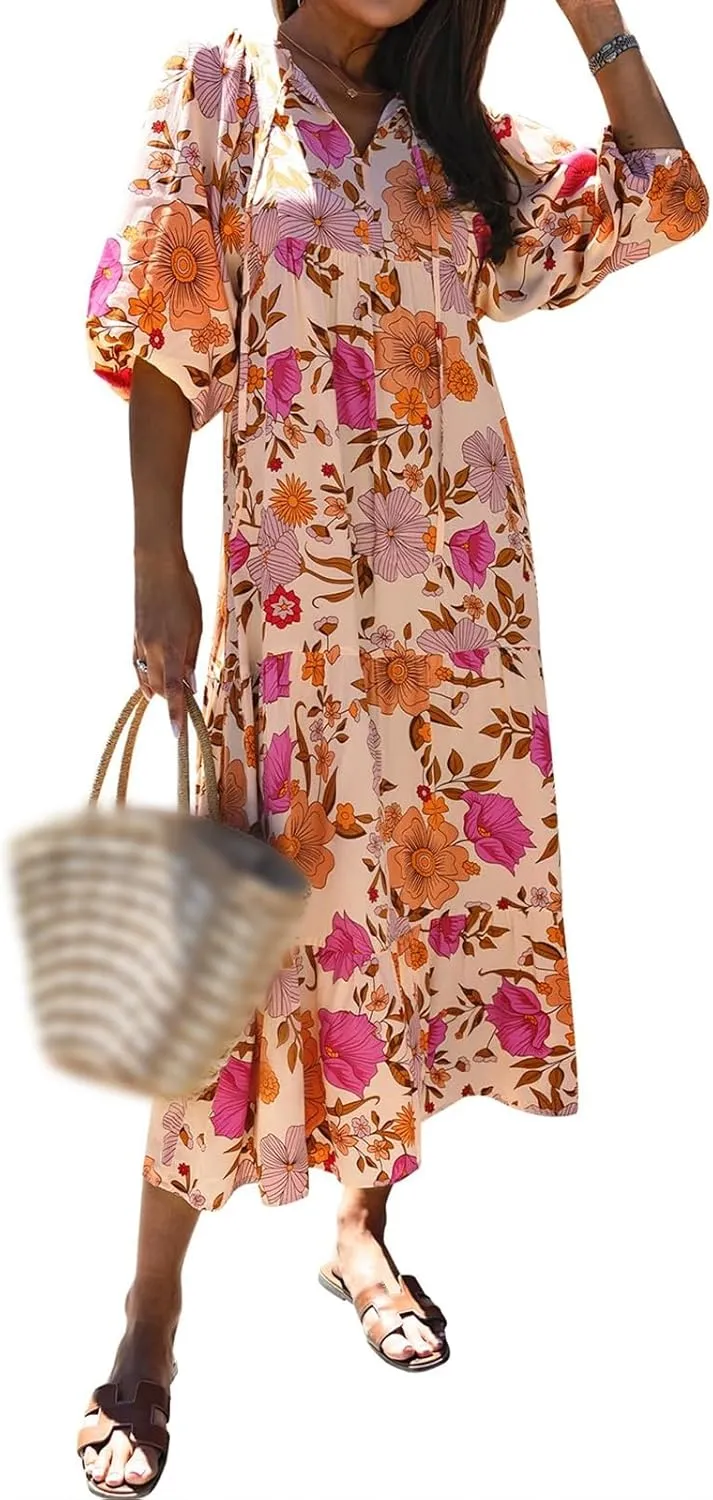 Boho Dresses for Women 2025 V Neck Maxi Dresses Puff 3/4 Sleeve Floral Dress Smocked Ruffle Flowy Casual Dress
