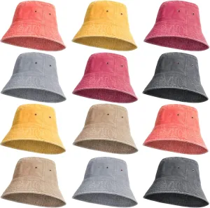 Bonuci 12 Pcs Washed Cotton Bucket Hat Bulk for Men Women Wide Brim Outdoor Sun Hat Foldable Bucket Hats for Fishing Hiking Travel Beach Sports, 6 Colors
