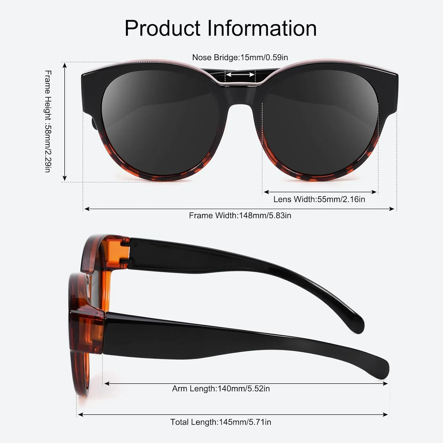 Br’Guras Polarized Oversized Fit over Sunglasses Over Glasses with Cat Eye Frame for Women&Men